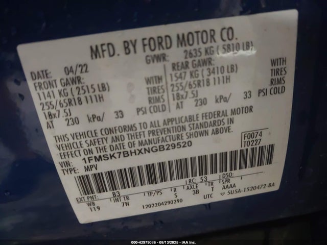 Ford ecoboost 2022 1FMSK7BHXNGB29520 Image 9