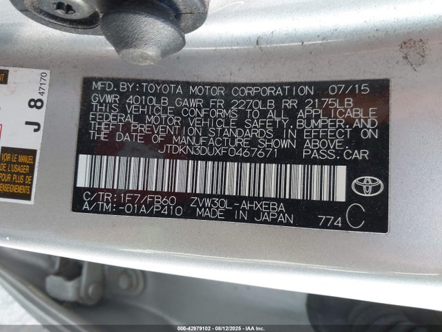 Toyota 2zr-fxe+3jm 2015 JTDKN3DUXF0467671 Image 9