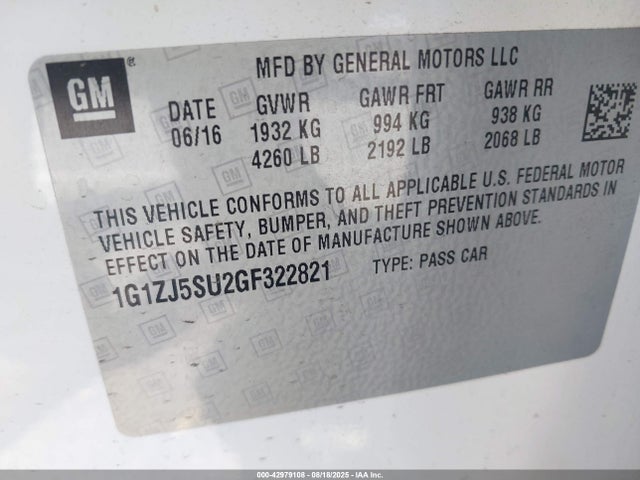 1G1ZJ5SU2GF322821 Chevrolet lkn - sidi, vvt, hybrid, fam 1, gen 4, gme
