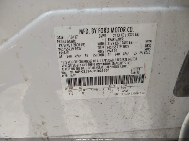 2FMPK3J94JBB05661 Ford 2.0l gtdi w/premium fuel