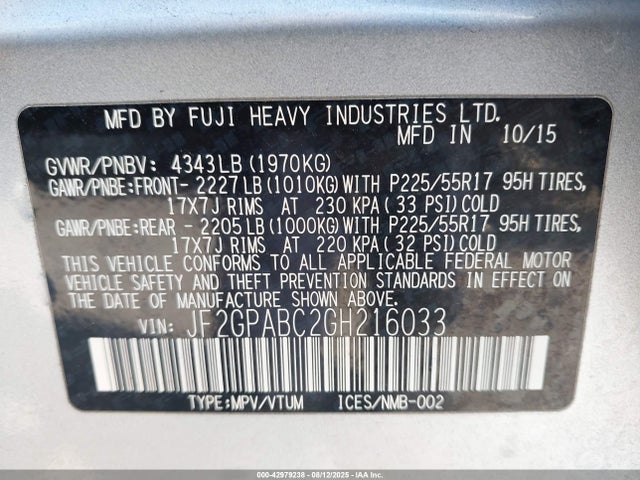 Subaru naturally aspirated 2016 JF2GPABC2GH216033 Image 9