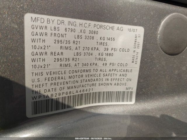 2008 PORSCHE CAYENNE WP1AB29P68LA46421 Photo 8