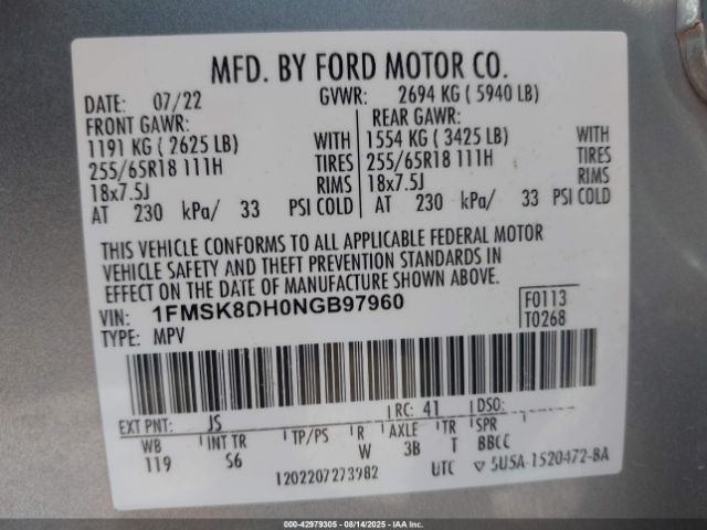 2022 FORD EXPLORER 1FMSK8DH0NGB97960 Photo 8