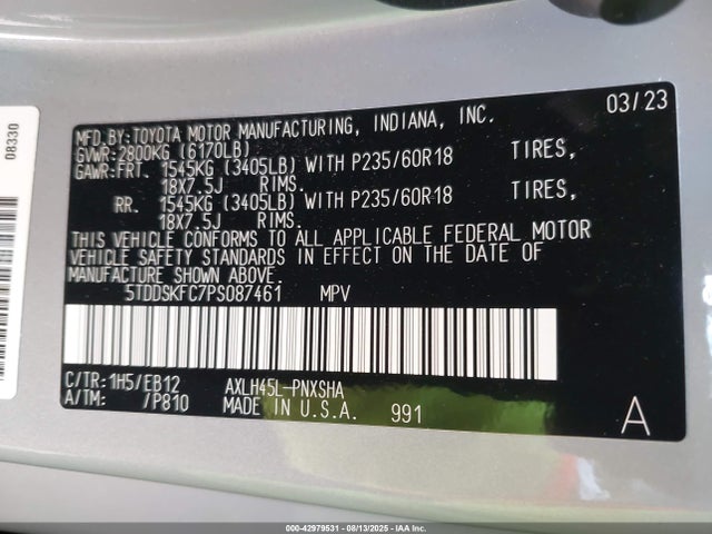 5TDDSKFC7PS087461 Toyota a25a-fxs, 5nm, 4nm