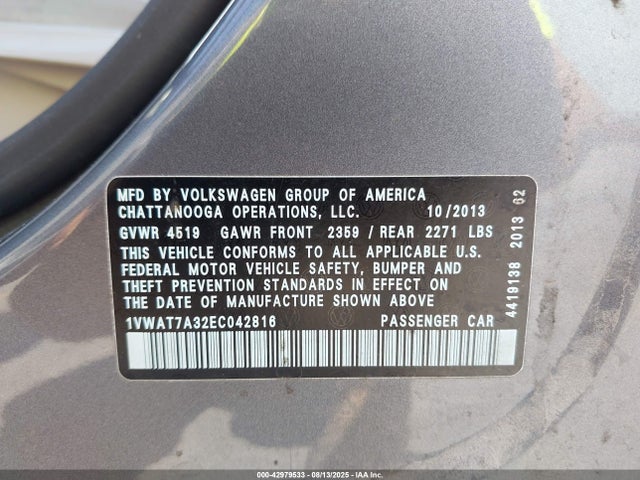 Aukcja sprzedaży 2014 Volkswagen Passat 1.8t S, vin: 1VWAT7A32EC042816, numer aukcji: 42979533
