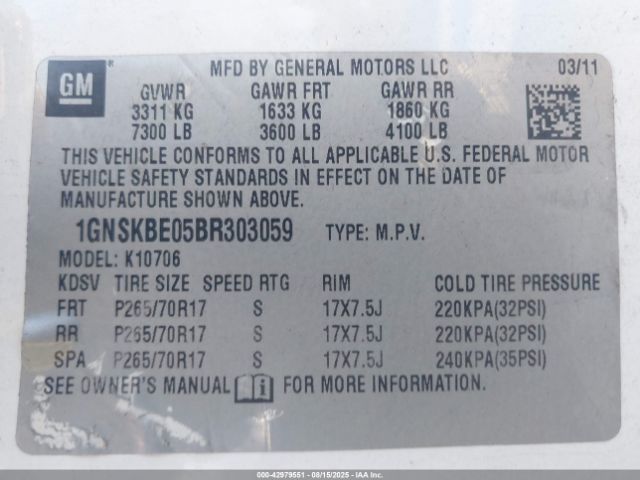 2011 CHEVROLET TAHOE 1GNSKBE05BR303059 Photo 8