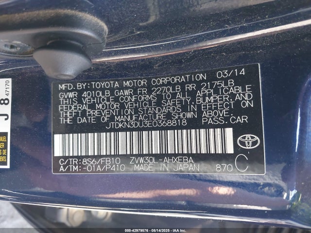 Toyota 2zr-fxe+3jm 2014 JTDKN3DU3E0368818 Image 9
