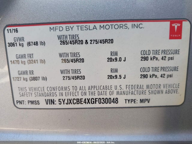 2016 TESLA MODEL X 5YJXCBE4XGF030048 Photo 8