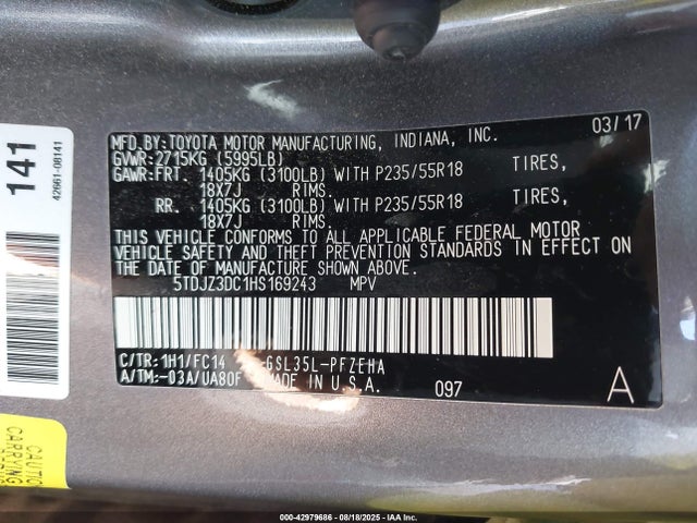Toyota 2gr-fks 2017 5TDJZ3DC1HS169243 Image 9