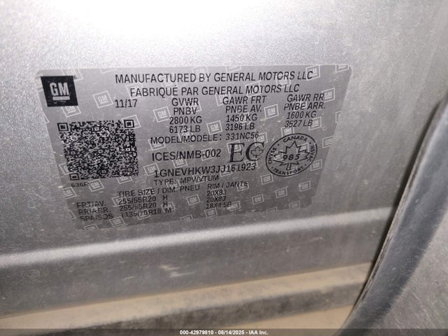1GNEVHKW3JJ161923 Chevrolet lfy - spark ignited direct injection, atss, gen 1