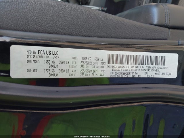 42979880 :رقم المزاد ، 1C4RDHDG8HC896737 vin ، 2017 Dodge Durango Gt Rwd مزاد بيع