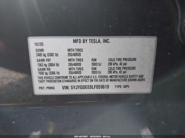 2020 TESLA MODEL Y 5YJYGDEE8LF059619 Photo 8