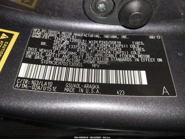 Продаж на аукціоні авто 2013 Toyota Highlander Limited V6, vin: 5TDYK3EH7DS130955, номер лоту: 42980016