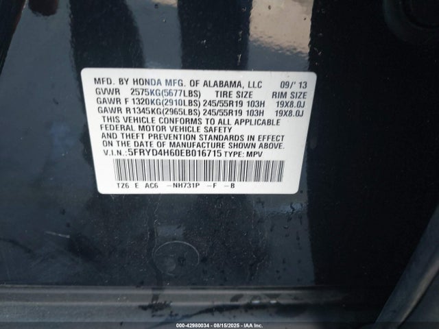 Acura j35y5 2014 5FRYD4H60EB016715 Image 9