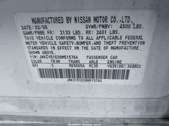 Продажа на аукционе авто 2006 Infiniti G35, vin: JNKCV51E06M515764, номер лота: 42980076