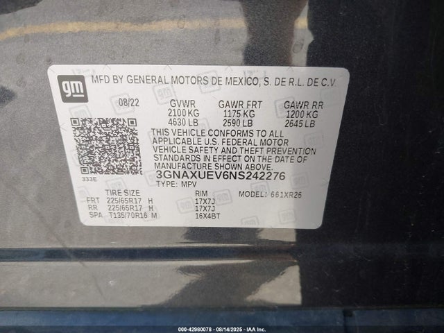 Chevrolet lyx 2022 3GNAXUEV6NS242276 Image 9