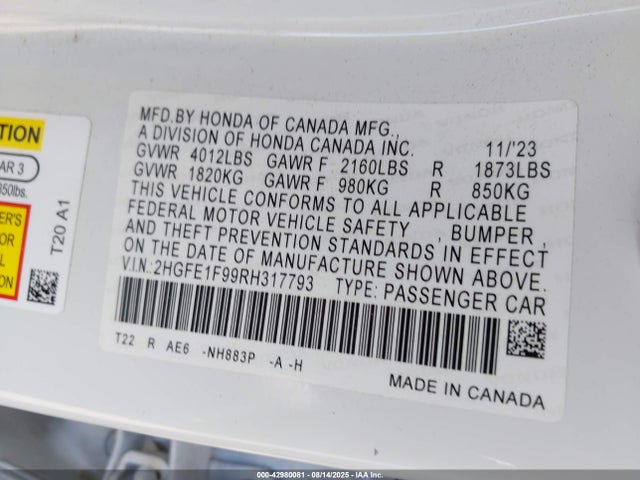 Honda l15b7 2024 2HGFE1F99RH317793 Image 9