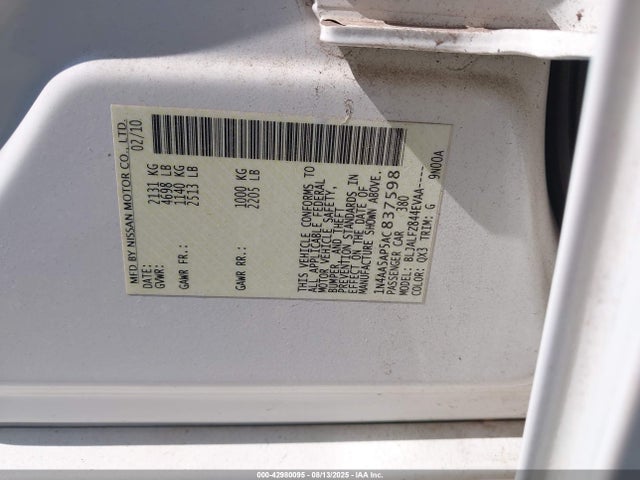 Продаж на аукціоні авто 2010 Nissan Maxima 3.5 Sv, vin: 1N4AA5AP5AC837598, номер лоту: 42980095