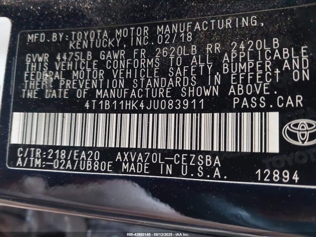4T1B11HK4JU083911 Toyota a25a-fks