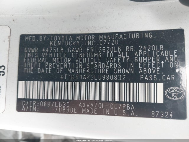 4T1K61AK3LU980832 Toyota a25a-fks