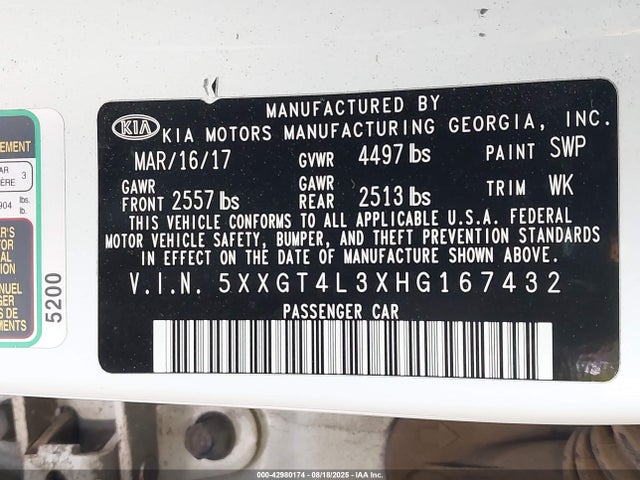 5XXGT4L3XHG167432 KIA g 2.4 dohc gdi