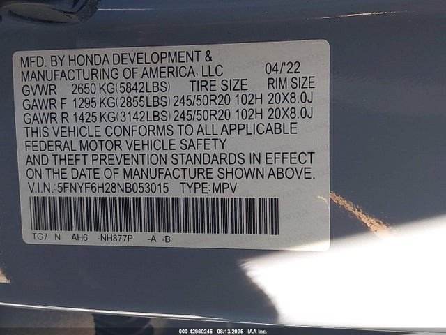 Honda j35y6 2022 5FNYF6H28NB053015 Image 9
