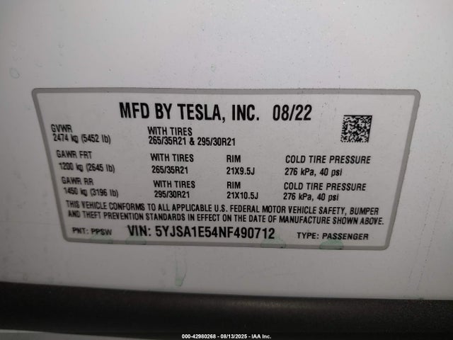 2022 TESLA MODEL S 5YJSA1E54NF490712 Photo 8