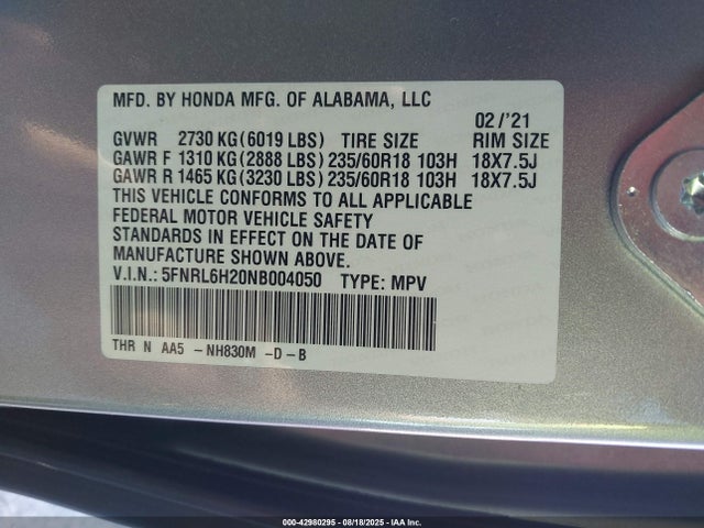 Honda j35y7 2022 5FNRL6H20NB004050 Image 9