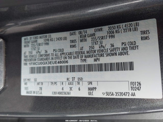 Aukcja sprzedaży 2014 Ford Escape Se, vin: 1FMCU0GX3EUE48006, numer aukcji: 42980297