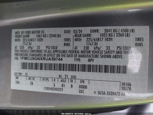 1FMCU9GNXRUA59744 Ford dragon gtdi