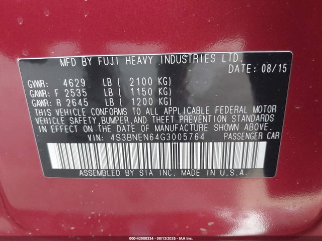 4S3BNEN64G3005764 Subaru 3.6l u4