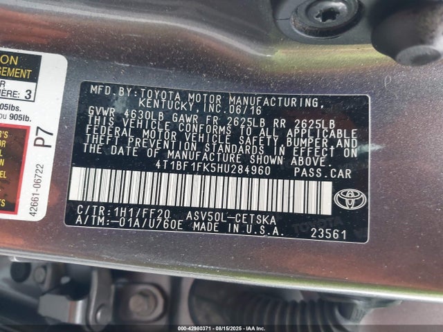 Toyota 2ar-fe 2017 4T1BF1FK5HU284960 Image 9