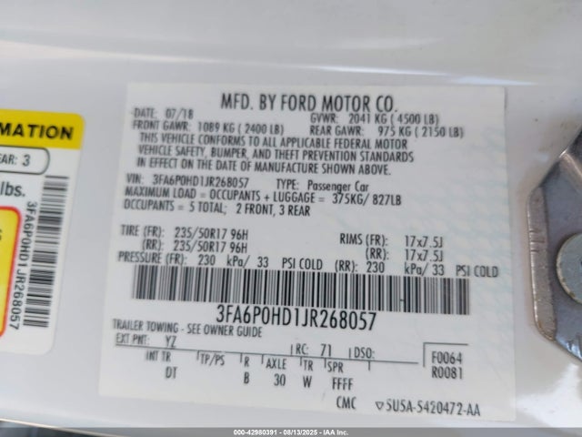 Ford Fusion 2018 3FA6P0HD1JR268057 Image 9