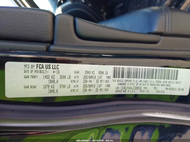 Продаж на аукціоні авто 2018 Jeep Grand Cherokee Laredo E 4x4, vin: 1C4RJFAG4JC399532, номер лоту: 42980471