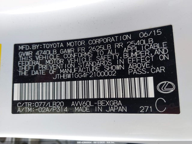 Lexus 2ar-fxe, 2jm 2015 JTHBW1GG4F2100002 Image 9