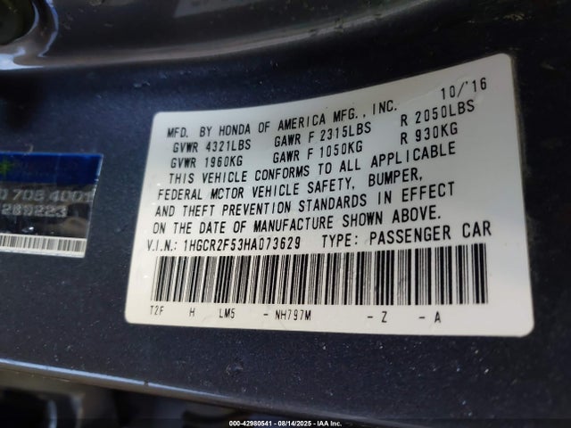 Honda k24w1 2017 1HGCR2F53HA073629 Image 9