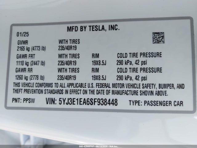 2025 TESLA MODEL 3 5YJ3E1EA6SF938448 Photo 8