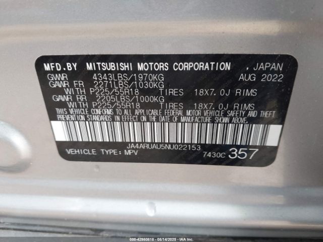 2022 MITSUBISHI OUTLANDER SPORT JA4ARUAU5NU022153 Photo 8