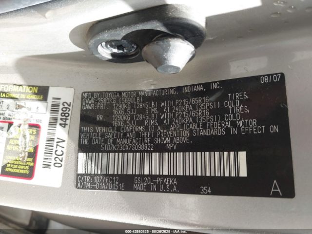 2007 TOYOTA SIENNA 5TDZK23CX7S098822 Photo 8