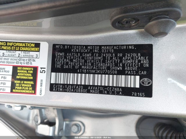 Aukcja sprzedaży 2019 Toyota Camry Le, vin: 4T1B11HK3KU770508, numer aukcji: 42980843