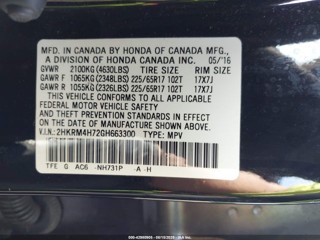 Honda k24w9 2016 2HKRM4H72GH663300 Image 9