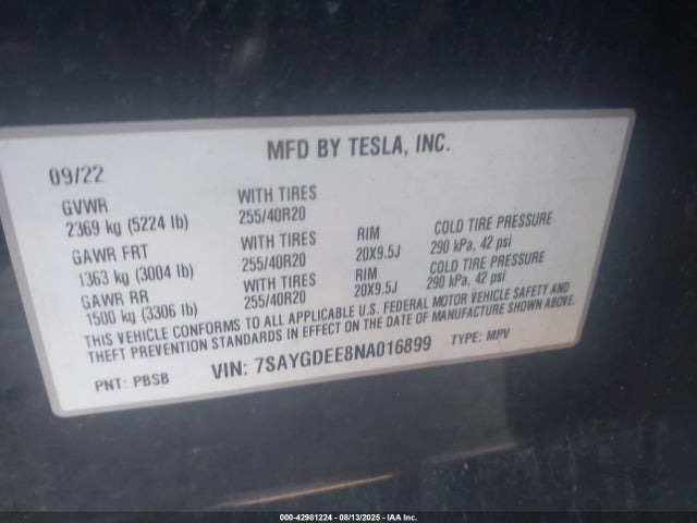 2022 TESLA MODEL Y 7SAYGDEE8NA016899 Photo 8