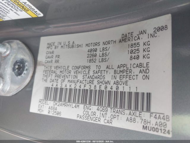 2008 MITSUBISHI ECLIPSE 4A3AK24F38E040111 Photo 8