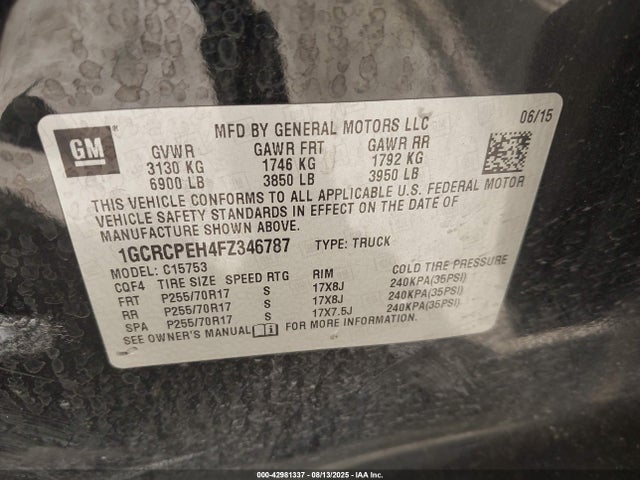 1GCRCPEH4FZ346787 Chevrolet lv3 - vvt, aluminum, e85 max