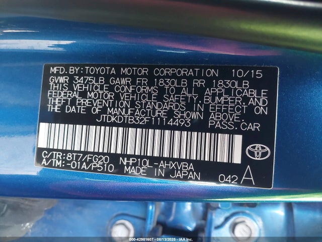 Toyota 1nz-fxe+1lm 2015 JTDKDTB32F1114493 Image 9
