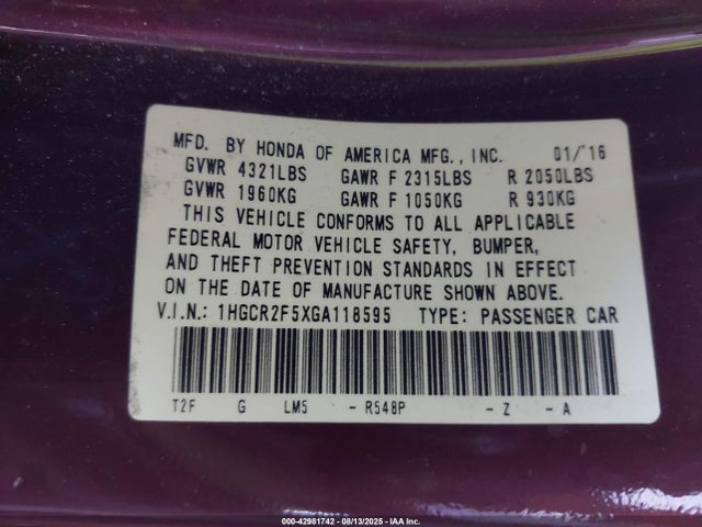 1HGCR2F5XGA118595 Honda k24w1