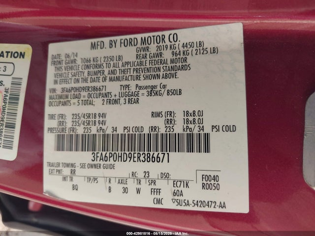 Ford Fusion 2014 3FA6P0HD9ER386671 Image 9