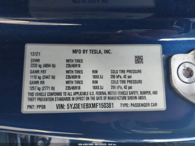 2021 TESLA MODEL 3 5YJ3E1EBXMF150381 Photo 8