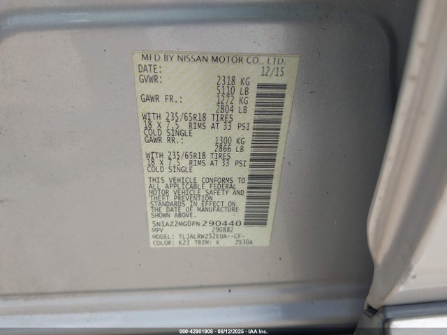 Aukcja sprzedaży 2015 Nissan Murano Sl, vin: 5N1AZ2MG0FN290440, numer aukcji: 42981908