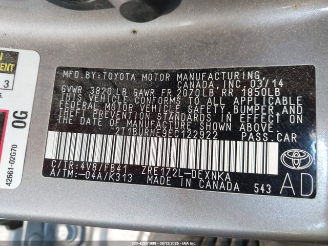 Toyota 2zr-fe 2014 2T1BURHE9EC122922 Image 9